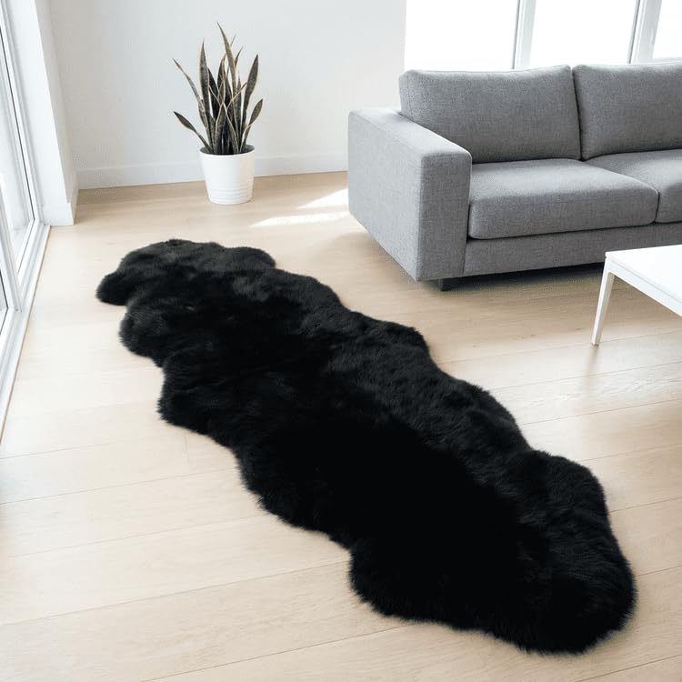 AOGELAN Fluffy Genuine New Zealand Sheepskin Rug Double Pelt/2'x 6' Black | Natural Fluffy Fuzzy Sheepskin Fur Area Rug,Chair Sofa Seat Cover,Living Room,Bedroom,Pets Dogs Mat,Pray Pup Mat,Yoga Mat - color: Black, size: 2' x 6' (Double Pelt)