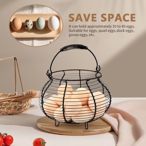 Wire Egg Basket for Gathering Fresh Eggs Holder,Holds About 20 Large Eggs | Retro Handle Egg Gathering Basket,Metal Eggss Holder Countertop,Farmhouse Eggs Storage Container for Farmhouse (Black) - color: Black