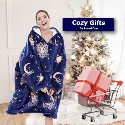 THREE POODLE Wearable Blanket Hoodie for Women, Oversized Sherpa Sweatshirt Blanket for Adults Men, Cozy Hooded Blankets, Gifts for Teen Girls Women Mom Sister - color: Deep Blue Star, size: Adult