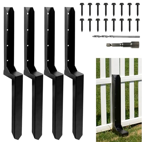 4 Pack Strong Fence Post Repair Kits with One-Piece Steel Anchor & Stakes | Easy to Install - Quick Fix Broken/Leaning Wood Posts Support, Heavy Duty Double-Layer Thickened Fence Post Anchors - color: Black