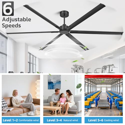 YYEHON 108 Inch Large Industrial Ceiling Fans, HVLS Commercial Black Fan with DC Reversible Motor, 6 Reversible Blades, 3 Downrods, 6-Speed Remote Control, for Shop Gym Garage Warehouse - size: 108 inch