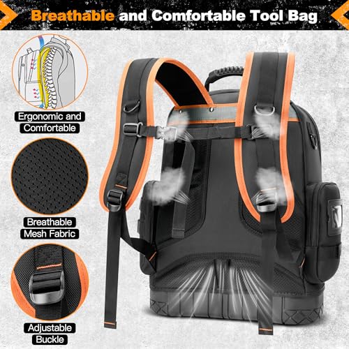 LOKASS 18.1-inch Heavy-Duty Tool Backpack, 75 Pockets, Black | 110 lbs Load Tested, 1680D Tear-Resistant Fabric, Removable Tool Panel, Combination Lock, Electricians, HVAC Pros - color: Black