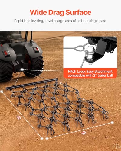 VEVOR Drag Harrow 4 ft x 4 ft Durable Chain Harrow with 69 Sharp Teeth | Suitable for ATV UTV Tractor, Ideal for Soil Preparation, Seeding, Smoothing Landscapes, and Yard Gravel Driveway Maintenance - size: 4 x 4 ft