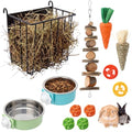 Rabbit Hay Feeder Set with 2 Bowls and Chew Toys, Heavy Duty Metal Hay Holder for Rabbits, Guinea Pigs and Chinchillas, Hanging Cage Feeding Accessories