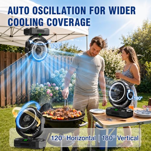 Rechargeable Solar Powered Camping Fan & Auto Oscillating, 【60H Runtime】Battery Powered Fan, Portable Outdoor Fan,5 Speeds,3 Lights,12H Timer for Travel, Fishing,Jobsite,Beach,Camping Essential - color: Black