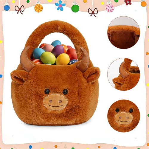 Easter Basket, Easter Baskets for Kids, Highland Cow Baskets with Handle for Gifts Empty, Bunny Egg Hunting, Basket Stuffers Essentials - color: Highland cow