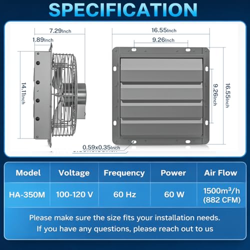 Hon&Guan 14 Inch Shutter Exhaust Fan with Stepless Speed Controller, 882 CFM High Airflow, 1600 RPM Wall Vent Fan, Automatic Gravity Shutters, Easy Install for Garage, Shed & Greenhouse, Gunmetal Gray - color: Gray, size: 14 Inch