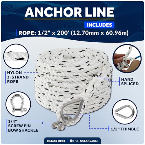 Five Oceans Anchor Line 1/2" x 200', Anchor Rope Line, Marine Premium 3-Strand White Nylon Boat Anchor Rope - Stainless Steel Thimble and Shackle, Ideal for Mooring Anchoring Towing - FO4486-C200 - style: 1/2 inch x 200 ft