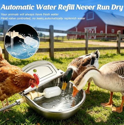Automatic Chicken Waterer Stainless Steel with Drainage Hole | with Float Valve, Extended Pipe, Replacement Valve, Outdoor Auto Self Filling Water Bowl for Chicken,Duck,Geese, Poultry