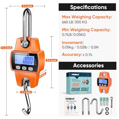 RoMech 660lb Digital Hanging Scale with Cast Aluminum Case, Handheld 300Kg Mini Crane Scale with Hooks for Farm Hunting Fishing Outdoor (Orange) | 300KG Heavy Capacity, High Accuracy Weighing, kg/lb/N Unit Conversion, Suitable for Fishing, Farm, Hunting -