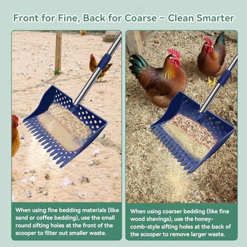 12" 2-in-1 Chicken Poop Scooper & Rake, 3-Shape Sifting Holes Chicken Coop Rake, Stainless Steel Handle (20–61") - Litter Scooper & Sand Sifting Shovel (U.S. Patent No. D1124534) - Blue
