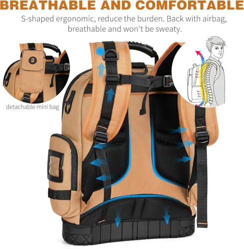 LOKASS 18.1-Inch Heavy-Duty Tool Backpack, 75 Pockets, Brown | 110 lbs Load Tested, 1680D Tear-Resistant Fabric, Removable Tool Panel, Combination Lock, Electricians, HVAC Pros - color: Brown