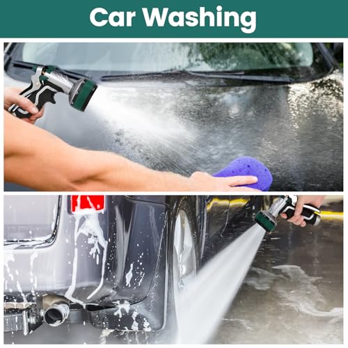 Garden Hose Nozzle, Heavy Duty Metal Water Hose Sprayer Nozzle with 8 Spray Patterns, High Pressure Handheld Nozzle with Flow Control for Lawn & Plant Watering, Car Washing – Forest Green