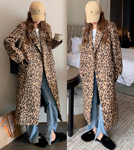 Womens Leopard Long Wool Trench Coat Notched Lapel Double Breasted Pea Coat Winter Warm Overcoat - color: Leopard, size: X-Large