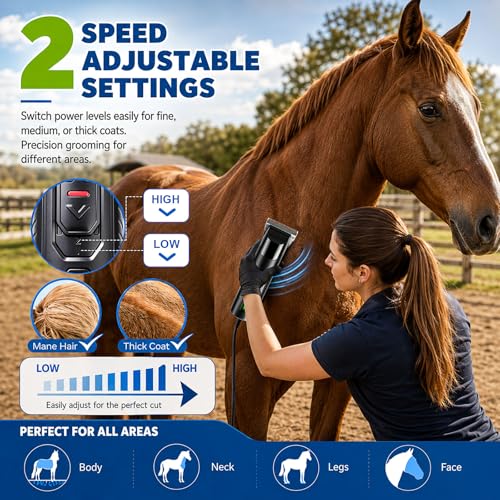 Professional Horse Clippers with Detachable Wide Blade | Low Noise, Heavy Duty, Grooming Kit for Thick Coat Long Hair, For Livestock Dogs Cats