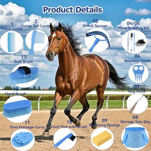 Horse Grooming Kit, 13-Piece Horse Brush Set with Organizer Bag Complete Care, Mane Braiding Kit, Brushes & Curry Comb for Effective Grooming, Ideal Supplies Set for Horses Riders Beginners
