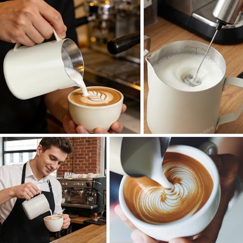 HOOMIL Milk Frothing Pitcher, 12oz/20oz/32oz 304 Stainless Steel | Steaming Pitcher with Clear Scale, Barista Milk Frother Cup Jug for Espresso Machine Coffee Cappuccino Latte Art - 20oz - color: Matte White, size: 20 Ounces