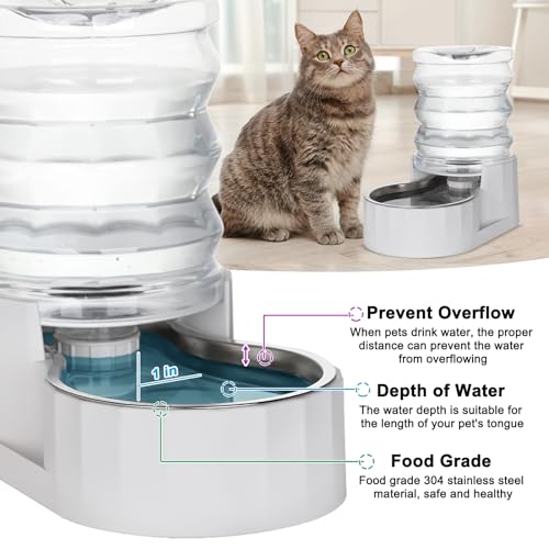RIZZARI 4L Gravity Cat Water Dispenser: Filter-Free Compact Home Use | No Power Needed/Stainless Steel Bowl/Spill-Resistant Base/Perfect For Cats & Small Dogs/Easy Water Refill - color: White, size: 4L, without Filter