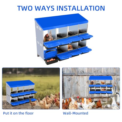 Chicken Nesting Boxes, 8 Hole Metal Chicken Laying Box with with Removable Trays and Roll Out Egg Collection for Chicken Coop, Blue - color: Blue, size: 46.3"L x 17.3"W x 10.8"H