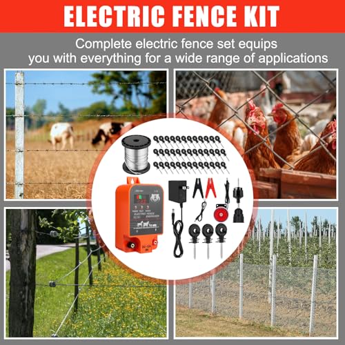 MorningRo 2.5j Electric Fence Charger with Digital Display & Alarm, Ac Dc 2 in 1 Power, 12v Input 8kv/12kv Output, 50 Black Electric Fence Insulator, 1 Socket Tool, 250ft Aluminum Wire Animal Control