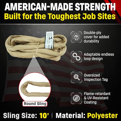 VR4 10ft Tan Endless Round Polyester Rigging Sling | USA Made, Double-Ply Cover, for Lifting & Material Handling, Capacity: 10,600 lb Vertical, 8,500 lb Choker, 21,200 lb Basket - size: 10 ft