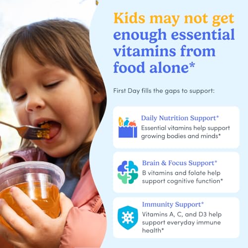 FIRST DAY Kids Multivitamin Gummies Age 4+, Strawberry & Orange - Kids Vitamins Multivitamin Gummy A C D3 K2 B1 B2 B6 B12 Folate, Immunity & Brain Function, Vegan - 60 Day Supply, Packaging May Vary