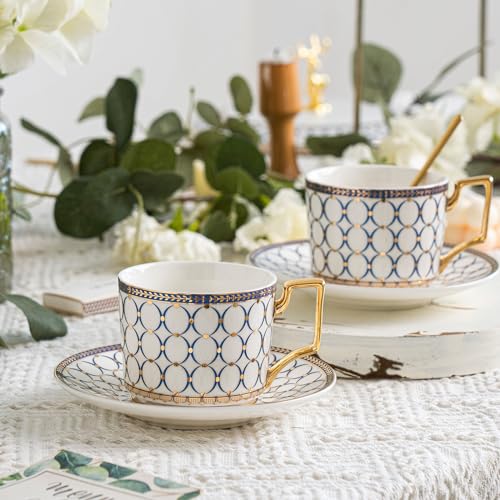 CwlwGO- Bone China Tea Cup Sets,15-Pieces Tea Cup and Saucer Set Service For 4 Whit 28 Ounces Teapot,Sugar Bowl,Creamer Pitcher and Spoons, Tea Gifts Sets For Women Patry. - color: Gold and white