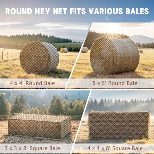 Large Round Bale Hay Net for Horses, 5x5 ft Hay Nets for Horses Slow Feed Knotless, Slow Feeder Hay nets for Horses, Fits Round Bales 4x4ft and 5x5ft, Square Bales 3x3x8ft and 4x4x8ft - size: 5x5 Ft
