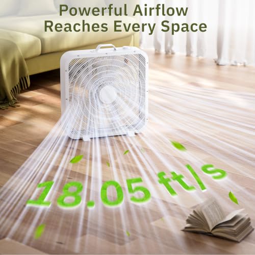 Xcity 20 Inch Box Fan with Carry Handle, Portable Powerful and Quiet 3-speed Floor Fan with Protection Net, Durable 70W Lightweight for Bedroom, Commercial, Study, Home - size: Box Fan 20" White