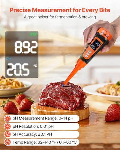 VEVOR Food pH Meter, 0-14 pH Range, IP68 Waterproof Probe, Pocket Tester Kit with Automatic Temperature Compensation, Calibration Powder Packets, Easy to Read, for Food Fermentation, Dough, Meat