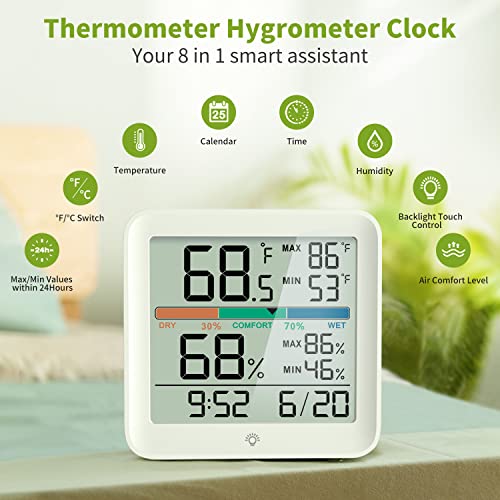 Indoor Digital Thermometer Hygrometer, Room Temperature Humidity Monitor | Accurate with Calibration, Backlight, Air Comfort Indicator, 24H Max Min Records, Time, Date (AAA Batteries Included) - color: White