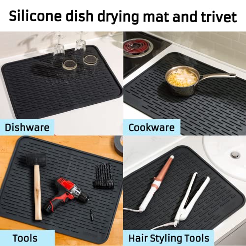 HOTPOP XXL 24"x18" Large Black Dish Silicone Drying Mat and Trivet - Dishwasher Safe, Heat Resistant, Eco-conscious - Rubber Dish Drying Mat, Silicone Dish Mat for Kitchen Counter (24x18 Inches) - style: (24"x18"), Black