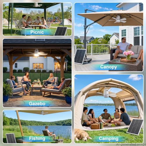Solar Ceiling Fan 20'', 20000mAh Battery Portable Ceiling Fan with 30W Solar Powered, Remote & Hanging Hook, 3000k-6000k Dimmable Solar Fans for Outside, Tent, Gazebo, Canopy, RV, Chicken Coop