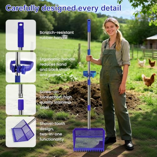 2026 Latest 12inch 2-in-1 Chicken Poop Scooper & Rake with Handle, Heavy-Duty Metal Chicken Coop Scoop for Sand Sifting Shovel Litter Scooper for Farm House Chicken Coop Cleaning Tools Accessories - color: Blue