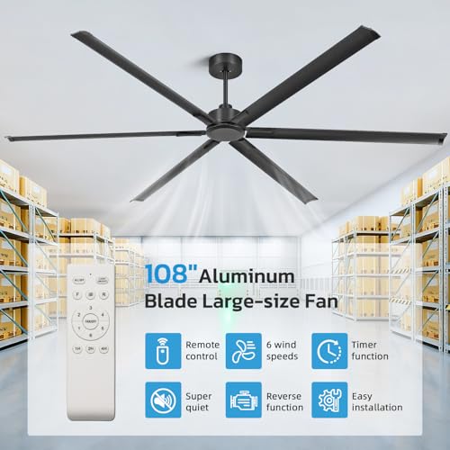 YYEHON 108 Inch Large Industrial Ceiling Fans, HVLS Commercial Black Fan with DC Reversible Motor, 6 Reversible Blades, 3 Downrods, 6-Speed Remote Control, for Shop Gym Garage Warehouse - size: 108 inch