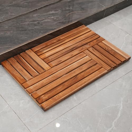 Utoplike Teak Wood Bath Mat, Shower Mats for Bathroom 32 x 20 inch Large | with Non-Slip Pads, Wood Floor Sturdy Mat for Inside Shower, Luxury Spa Home or Outdoor - size: 32" x 20" (Rectangular)