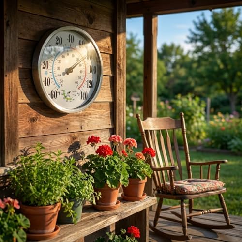 [QTengCX] 12 Inch Large Waterproof Outdoor Thermometer, Metal Wall Indoor Outdoor Analog Thermometer with Hygrometer Gauge for Patio, House, Garage, Garden - No Battery Needed