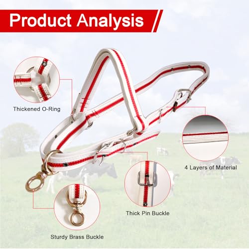 Cattle Halter Calf Halter Cow Halters with Heavy-Duty Brass Buckle, Easy-Clean Suede-Like Material, Adjustable Design for Calves, Adult Cattle, and Small Ponies (White, Large) - size: Large