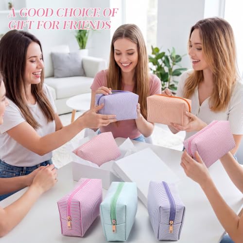 Sanwuta 20 Pcs Seersucker Cosmetic Bags Bulk, Striped Zippered,Bright | Makeup Bags Women Pouch, Large Preppy Storage Toiletry Travel Pouch for Wedding Bridesmaid Bride Favor Back to Teacher Gift - color: Bright