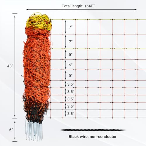 Electric Fence Netting 48"H x 164'L | with Posts and Double-Spiked Stakes, Portable Livestock Nets for Backyards, Homesteads, Gardens, Farms, and Ranches - size: 48"H x 164'L