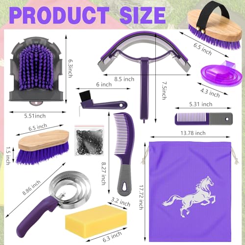 Abbylike 12 Pieces Horse Grooming Kit Racing Festival Tack Room Supplies Horse Brush Sets Equine Care Cleaning Kit Shedding Grooming Massaging Tools(Gray and Purple) - color: Gray and Purple