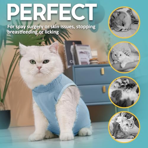 Avont Cat Recovery Suit - Kitten Onesie for Cats After Surgery | Stop Licking, Protects Stitches, S: Neck 8.5"-10.2"/Chest 11.5"-13"/Back 8", Soft & Breathable, Hook & Loop, Blue - color: Blue, size: Small