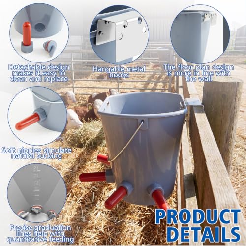 Sawysine 3 Pcs 8.45 Quart Calf Nursing Bucket, Five Teats Feeder with Metal Hanger, Hanging Calf Pail with Nipple Livestock Feeder for Over The Fence, Stall, Barn, Cowshed/Cattle Housing - color: Five Teats