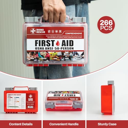 RHINO RESCUE 278pcs First Aid Kit, All-Purpose 50-Person | Home & Office Emergency Medical Supplies, for Minor Cuts, Scrapes, Burns, HSA/FSA Approved - size: 266 Piece