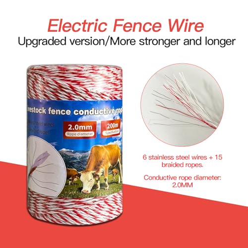 656Ft 6-Strand Polywire Electric Fence Rope, Stainless Wire