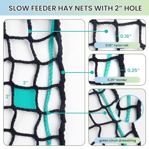 5x5 FT Round Bale Hay Net, 2-Inch Slow Feed for Horses and Goats | Knotless heavy-duty hay feeder, fits 4x5 and 5x5 round bales, 2-inch holes help slow feeding and reduce hay waste - size: 5x5 ft