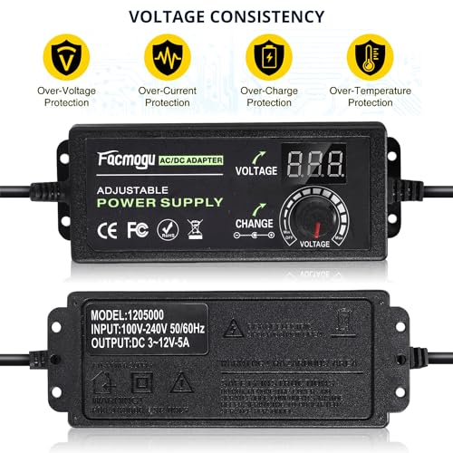 Facmogu 3V-12V 5A 60W Power Supply, Adjustable Voltage DC 3V 5V 6V 9V 12V | Variable Universal AC/DC Adapter | LED Display | 100V-240V AC to DC Switching Converter | Multi-Voltage Regulated Adaptor - size: 3-12V 5A