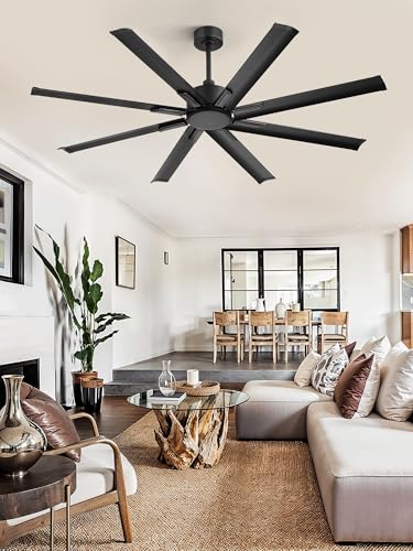 ZMISHIBO 65 Inch Ceiling Fan without Light, 8 Aluminum Reversible Blades | Industrial-Grade, DC Motor, Damp Rated, 6 Speeds, Remote Control, 3 Downrods, Flat/Sloped Ceiling, Living Room, Patio, Gym - color: Black, size: 65inch