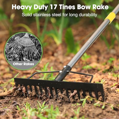 Heavy Duty Metal Bow Rake for Lawn , 17 Steel Tines Garden Rake | 17 Inch Wide, 35"-67" Adjustable Long Handle, Ideal Garden Tool for Soil Leveling, Leaf Gathering & Lawn Care