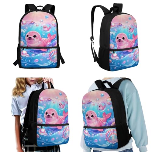 Upetstory Cute Seal Backpack for Girls School Bag Set Boys Lunch Box Pencil Case Kids Schoolbag Elementary Bookbag Students Bookbag Kindergarten Preschool Water Bottle Sleeve Book Cover - color: Seal